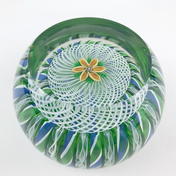 Perthshire 1981F Yellow Lampwork Flower Crown Latticinio Twist Facet Paperweight - Picture 2 of 14